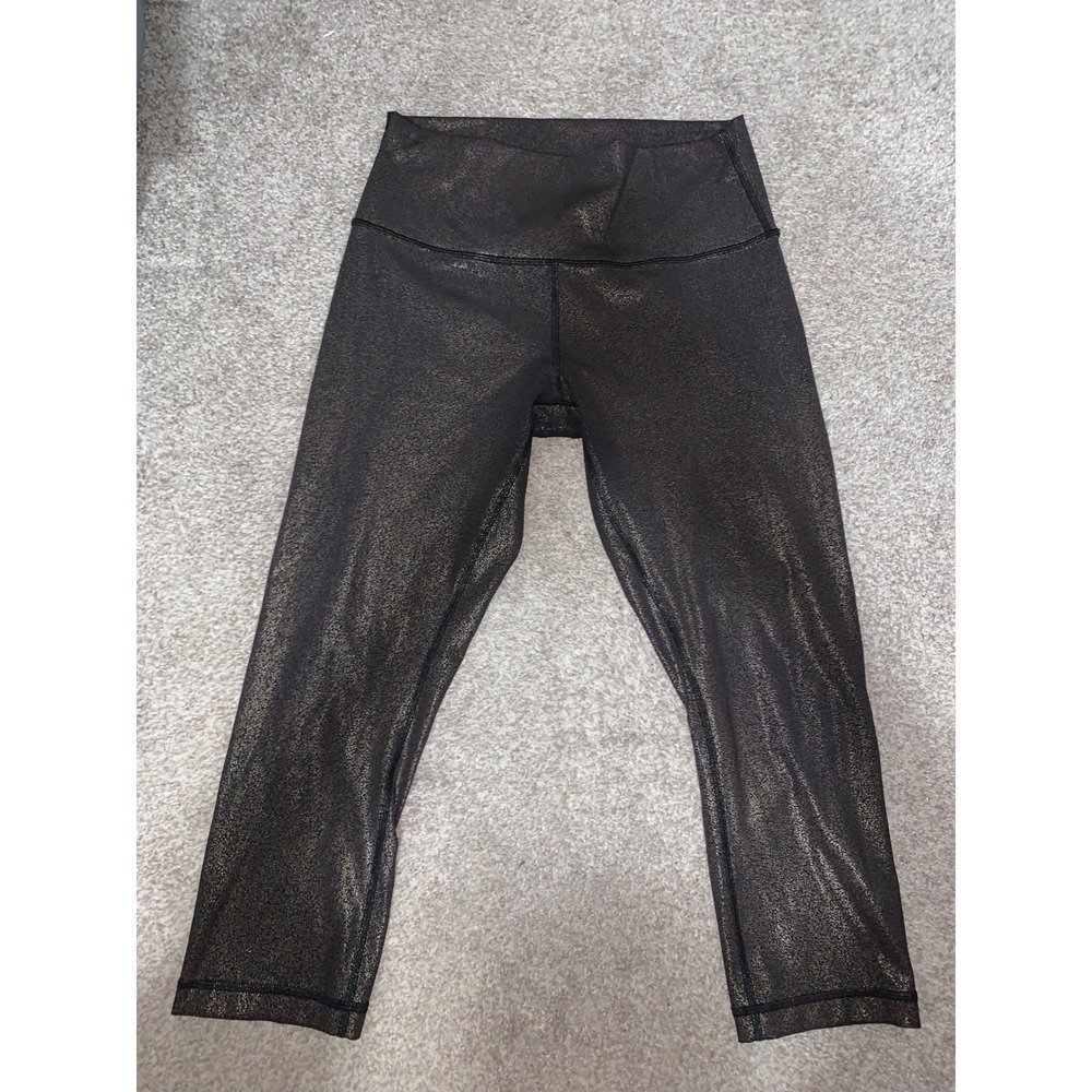 Lululemon Wunder Under Crop High-Rise Leggings Gold Foil Sparkle Black Size 8